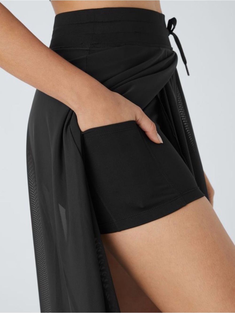 High Waisted Drawstring Contrast Mesh 2-in-1 Pocket Flowy Midi Flare skirt- NWT - Picture 5 of 11